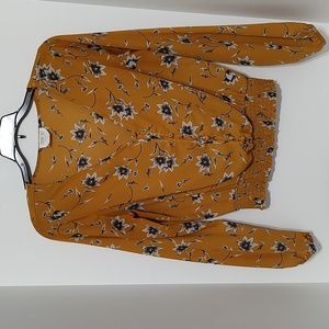 Sienna Sky Harvest Yellow V Neck w/ Gray Floral Design and Elastic Waist  Small